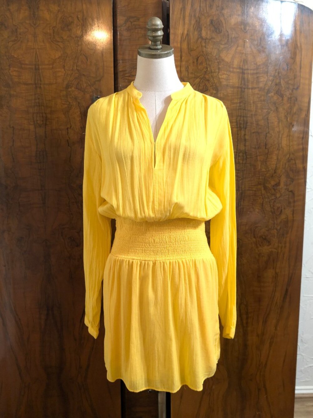 Rag & Bones Vibrant Yellow Calista Smocked Mini Dress S Gauze Split Neck
